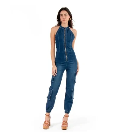 Jumpsuit Denim Cargo Con Cuello Halter