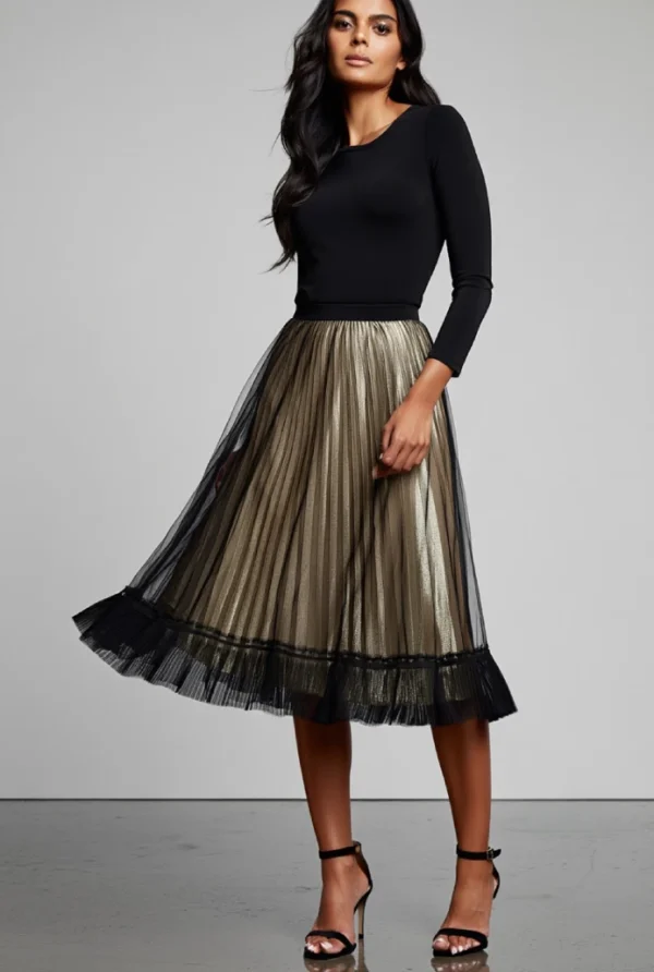 Falda Tul Negra trans-forro Gold